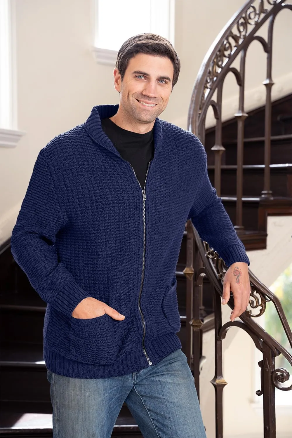 Gioberti Mens 100% Cotton Milano Knit Full-Zip Sweater