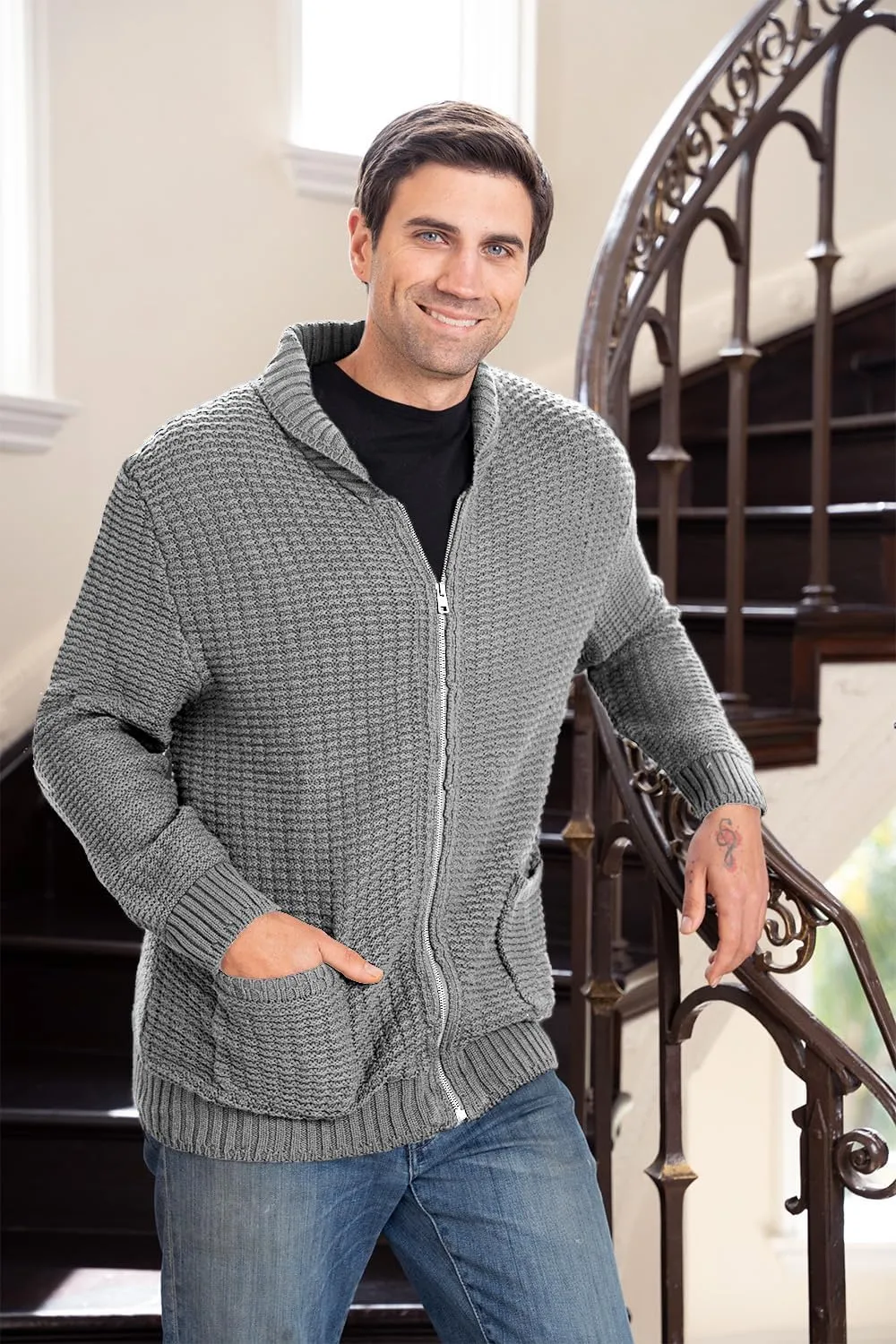 Gioberti Mens 100% Cotton Milano Knit Full-Zip Sweater