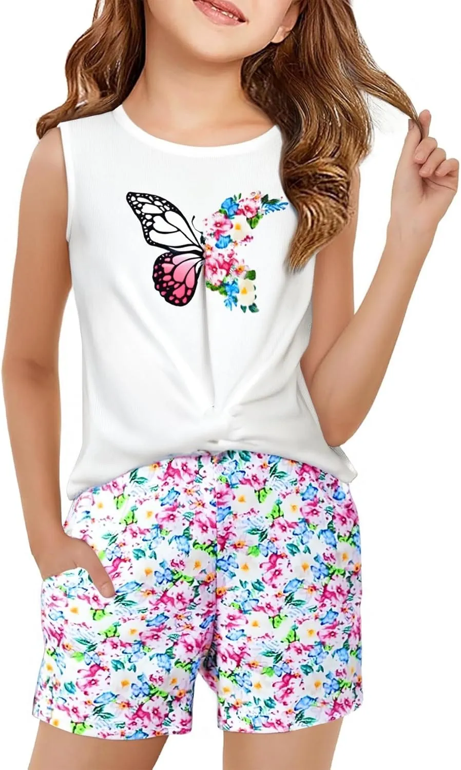 Girls Clothing Sets Butterfly Twist Front Top and Hawaiian Shorts 2 Piece Short Sets 4-12 Year