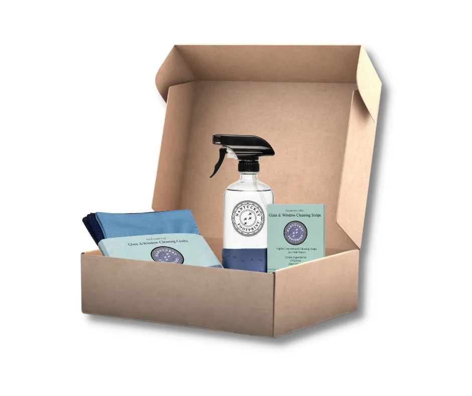 Glass & Window Holiday Gift Box Bundle: Window Strips & Reusable Glass Bottle & Professional Window Cloths