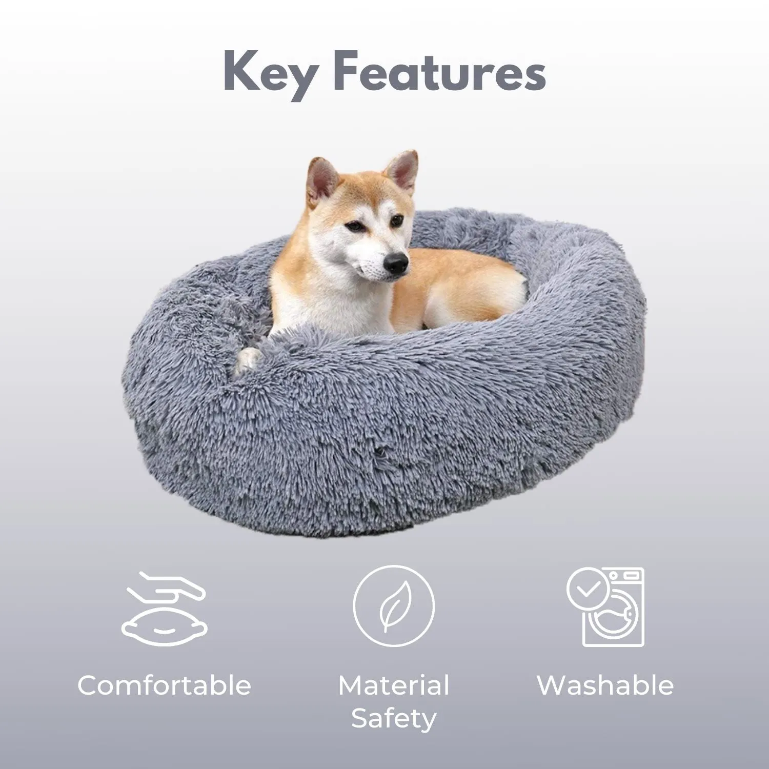 Grey Plush Pet Bed 70cm - Soft, Comfy & Calming