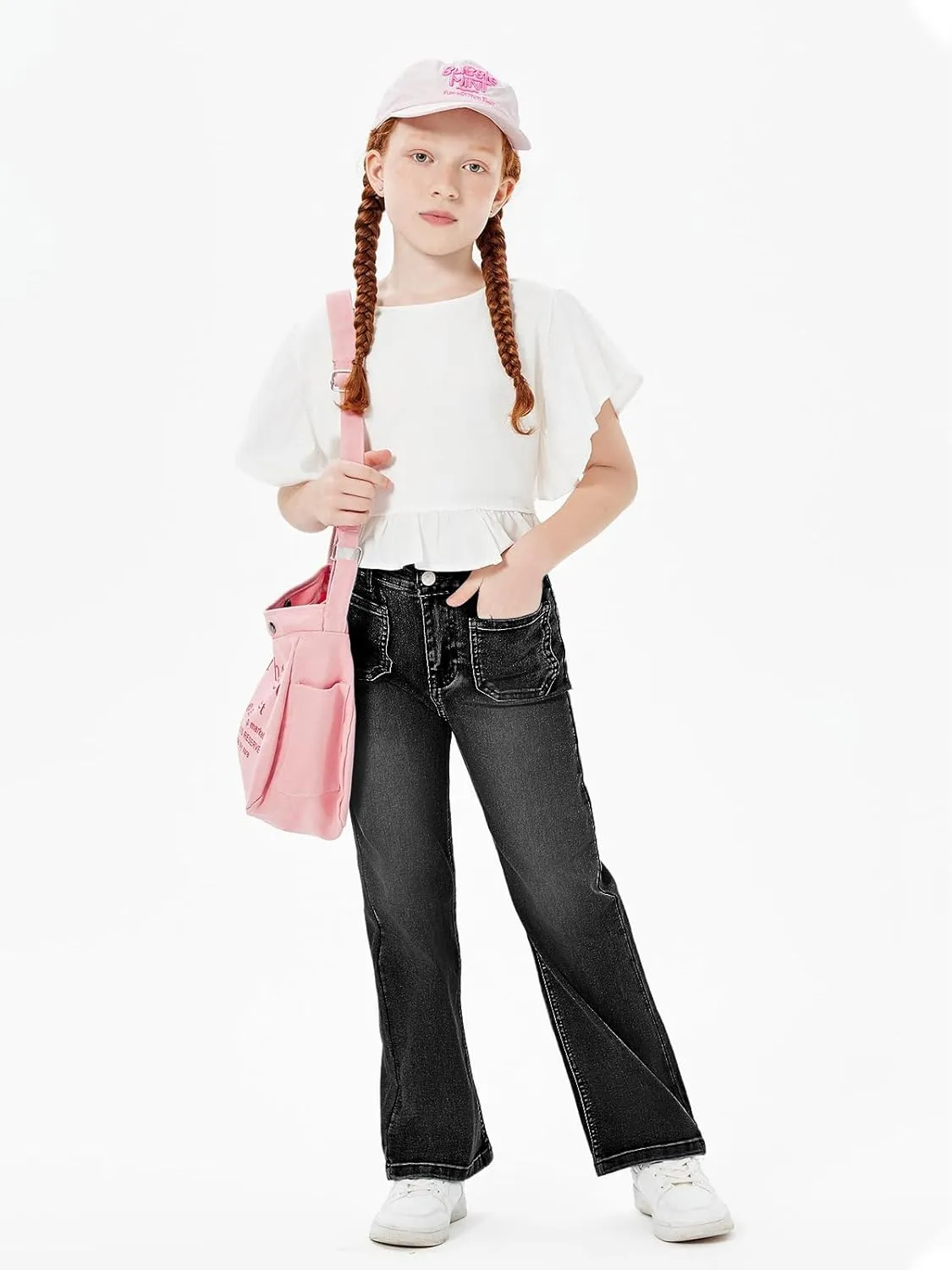 Haloumoning Girls High Waisted Jeans Straight Leg Stretch Demin Pants Cute Casual Trousers with Pockets