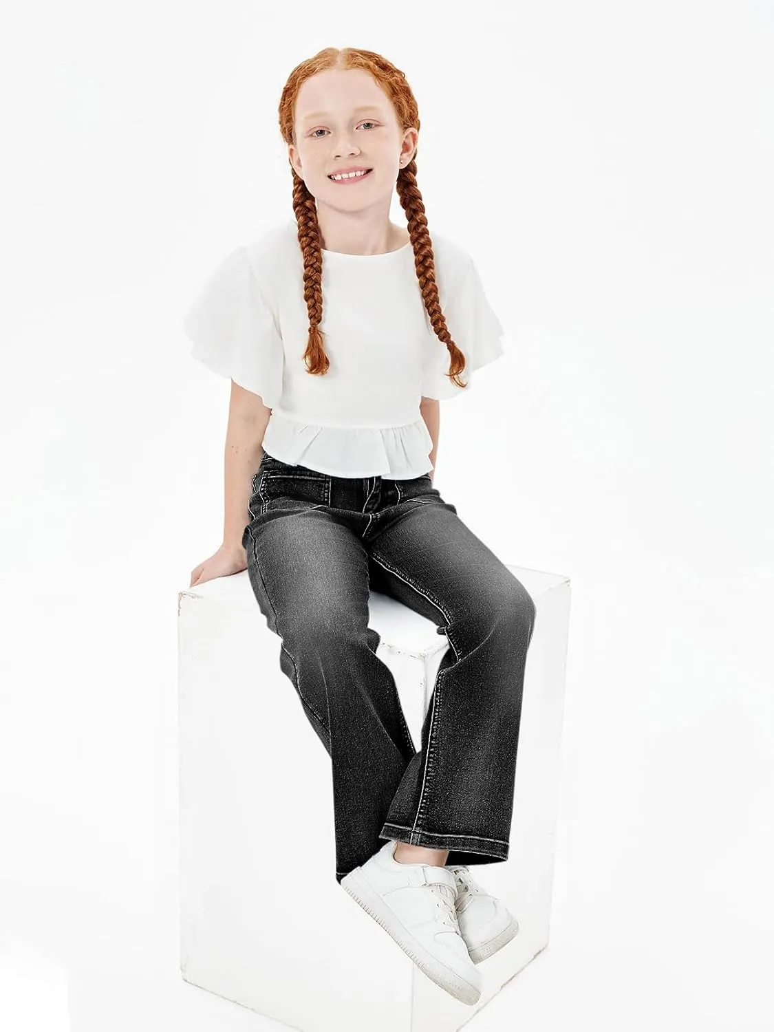 Haloumoning Girls High Waisted Jeans Straight Leg Stretch Demin Pants Cute Casual Trousers with Pockets