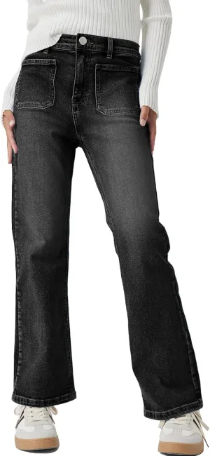 Haloumoning Girls High Waisted Jeans Straight Leg Stretch Demin Pants Cute Casual Trousers with Pockets