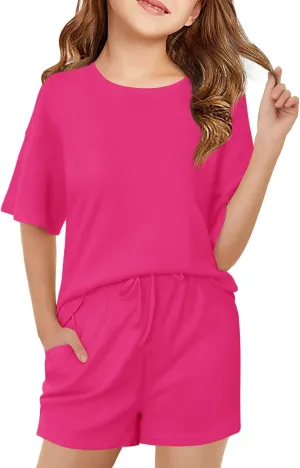 Haloumoning Girls Summer 2 Piece Outfits Kids Oversized T Shirts and Shorts Clothing Sets 5-14 Years