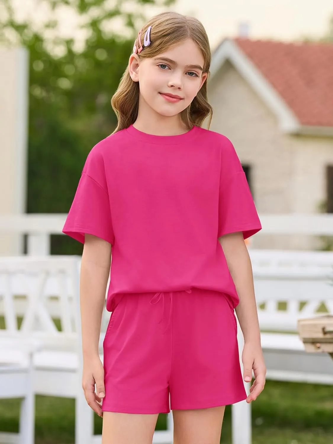 Haloumoning Girls Summer 2 Piece Outfits Kids Oversized T Shirts and Shorts Clothing Sets 5-14 Years