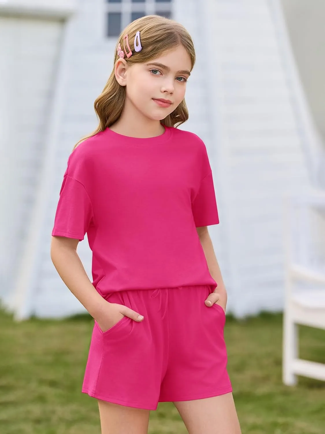 Haloumoning Girls Summer 2 Piece Outfits Kids Oversized T Shirts and Shorts Clothing Sets 5-14 Years