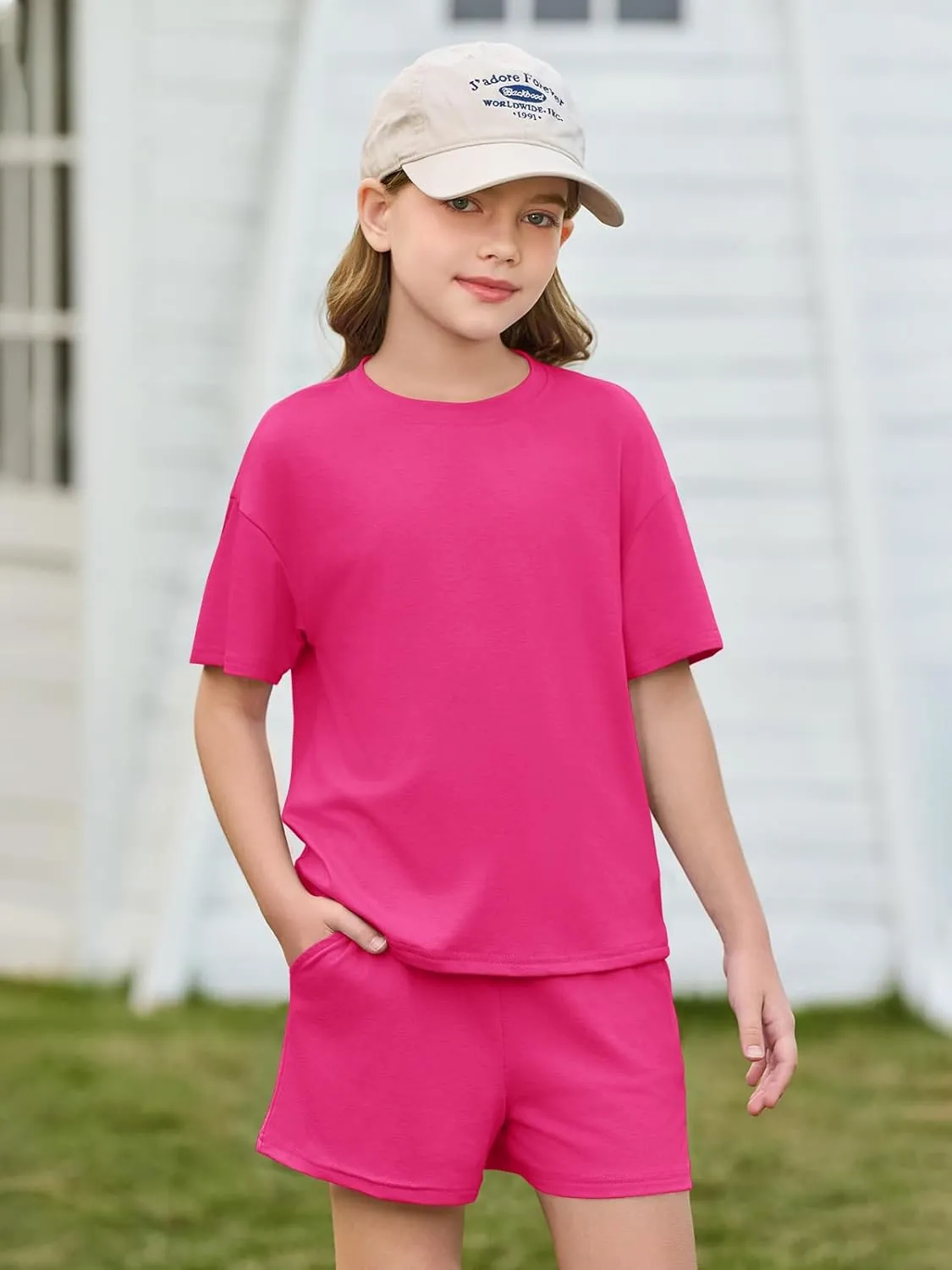 Haloumoning Girls Summer 2 Piece Outfits Kids Oversized T Shirts and Shorts Clothing Sets 5-14 Years
