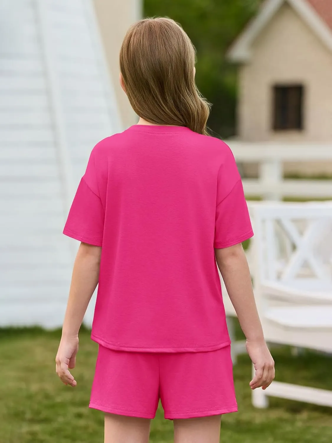 Haloumoning Girls Summer 2 Piece Outfits Kids Oversized T Shirts and Shorts Clothing Sets 5-14 Years