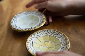 handmade clay bowl embedded with glass -2set gold white galaxy