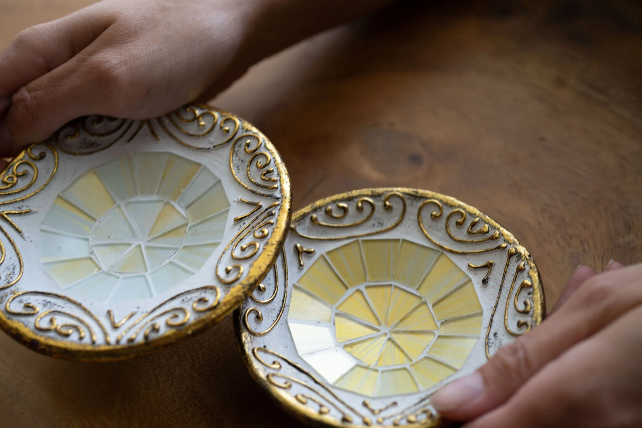 handmade clay bowl embedded with glass -2set gold white galaxy