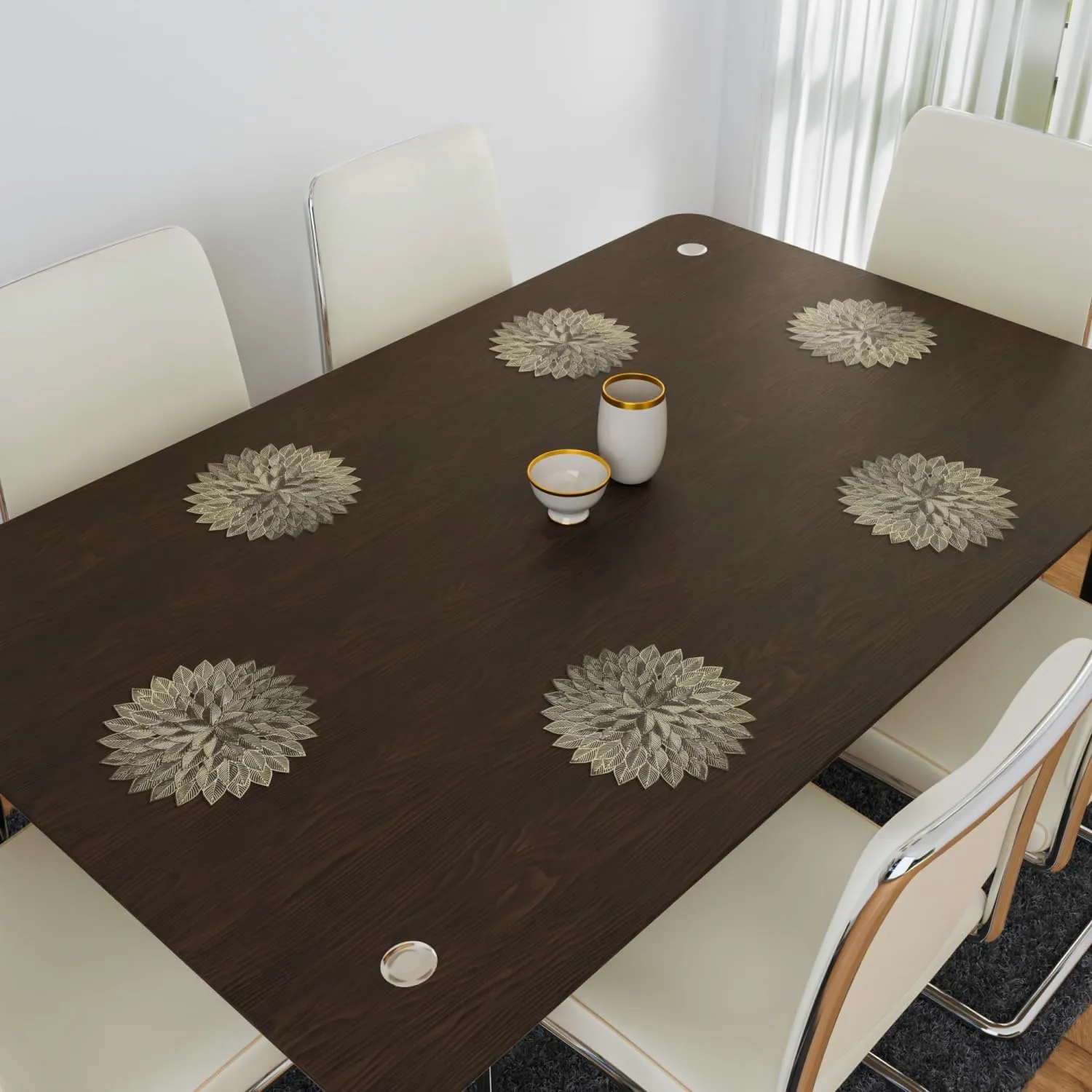 Heart Home Side Table Mats | Table Mat For Bedroom | Bed-Side Table Mat | Center Table Mat | Table Dining Mat | Table Runner Mat | Round Flower | 2 Piece Set | Golden