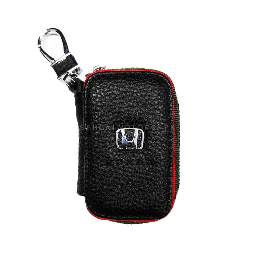 Honda Zipper Matte Leather Key Cover Pouch Black with Keychain Ring