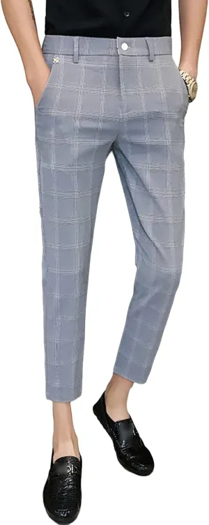 JEShifangjiusu Men's Slim Fit Suit Pants Chino Pants Stretch Flat-Front Dress Pants Plaid Skinny Business Casual Trousers (Large,Grey), Grey, Large