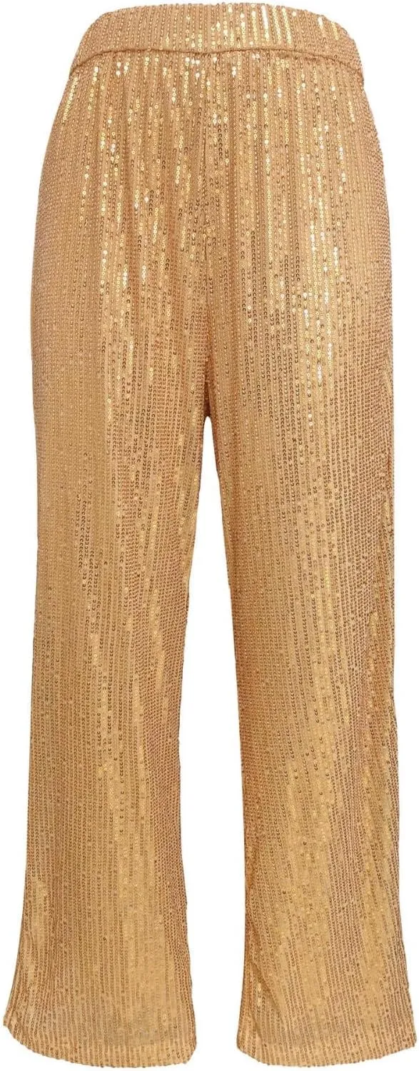 JOAU Women's 2024 Fashion High Waist Wide Leg Sparkle Sequin Bling Glitter Pants Casual Loose Shiny Pants Palazzo Trousers