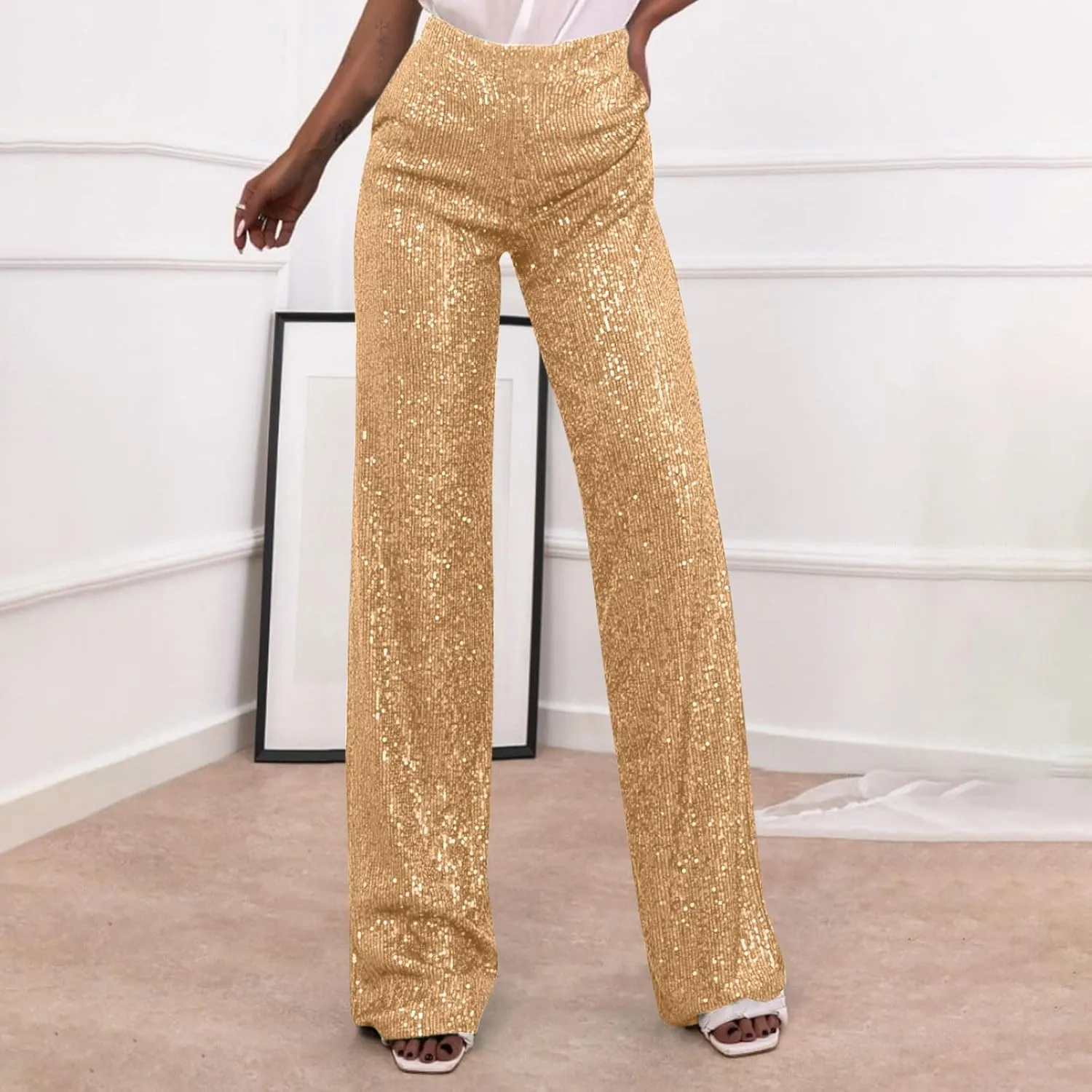 JOAU Women's 2024 Fashion High Waist Wide Leg Sparkle Sequin Bling Glitter Pants Casual Loose Shiny Pants Palazzo Trousers
