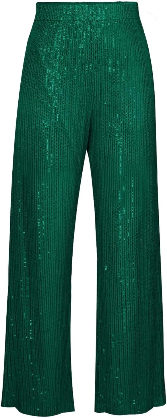 JOAU Women's 2024 Fashion High Waist Wide Leg Sparkle Sequin Bling Glitter Pants Casual Loose Shiny Pants Palazzo Trousers