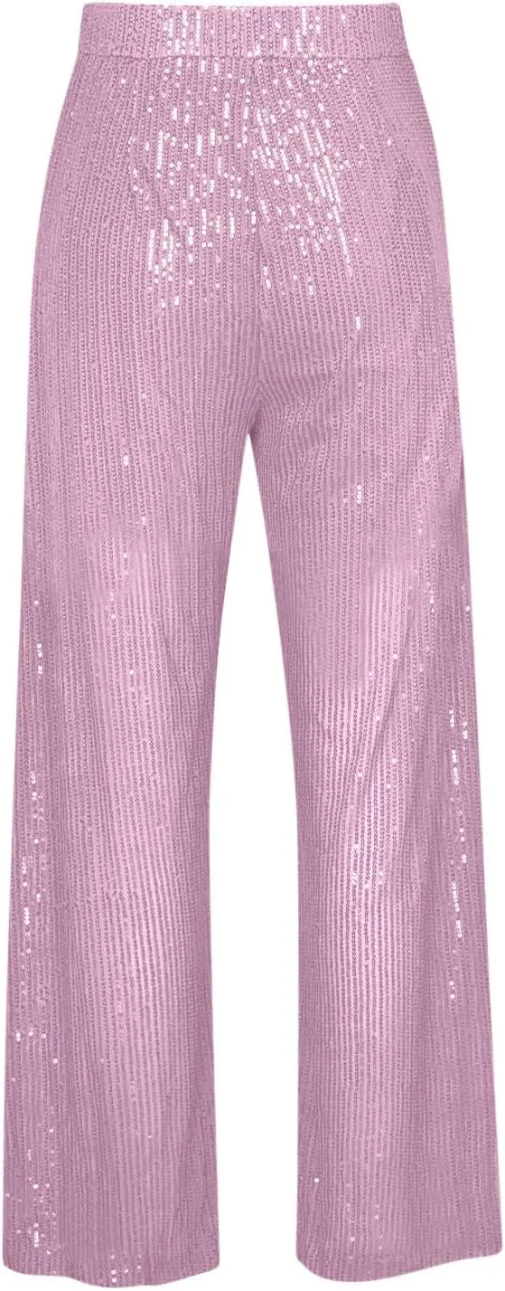 JOAU Women's 2024 Fashion High Waist Wide Leg Sparkle Sequin Bling Glitter Pants Casual Loose Shiny Pants Palazzo Trousers