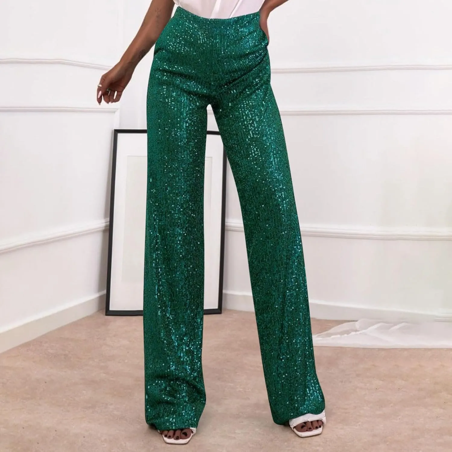 JOAU Women's 2024 Fashion High Waist Wide Leg Sparkle Sequin Bling Glitter Pants Casual Loose Shiny Pants Palazzo Trousers
