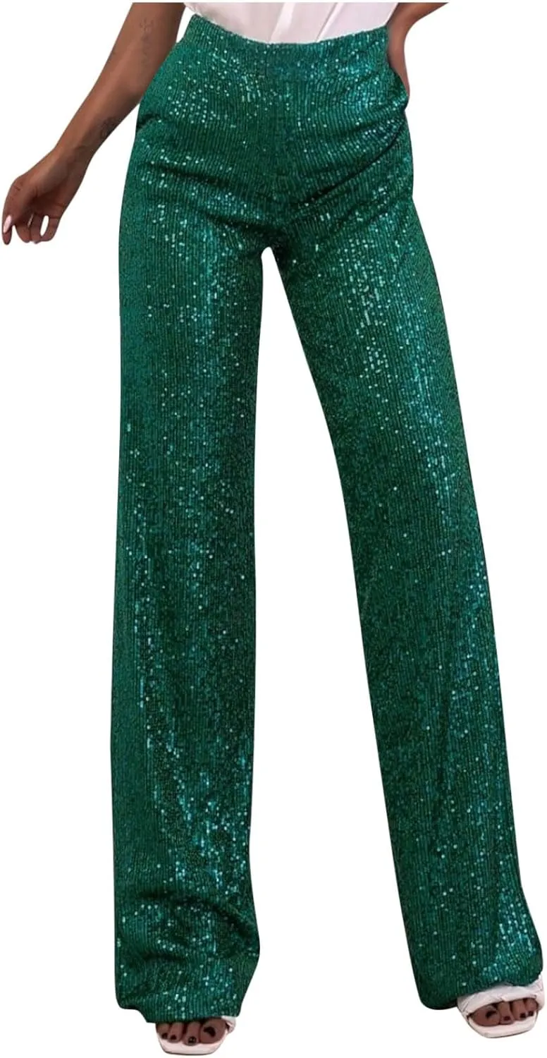 JOAU Women's 2024 Fashion High Waist Wide Leg Sparkle Sequin Bling Glitter Pants Casual Loose Shiny Pants Palazzo Trousers