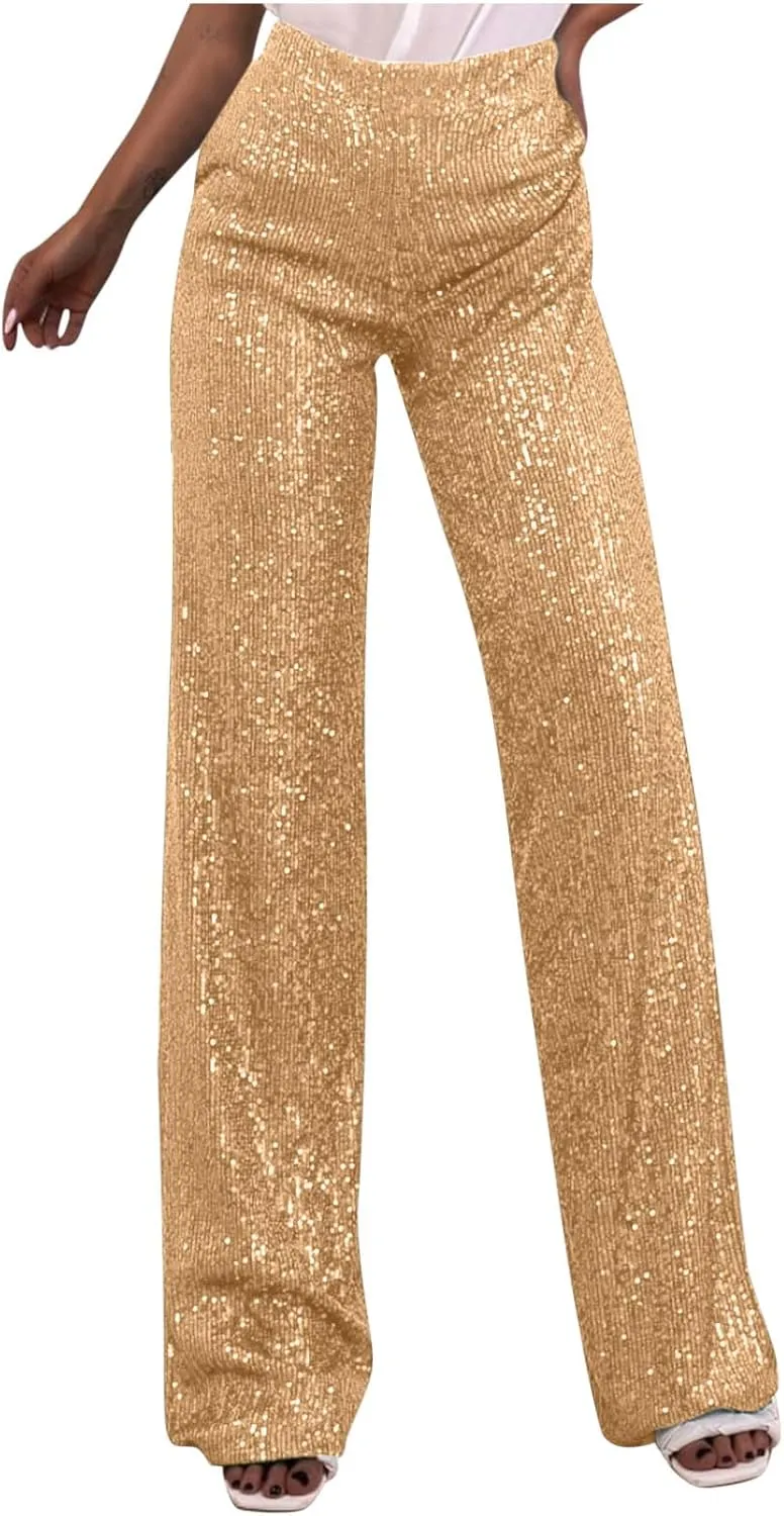 JOAU Women's 2024 Fashion High Waist Wide Leg Sparkle Sequin Bling Glitter Pants Casual Loose Shiny Pants Palazzo Trousers