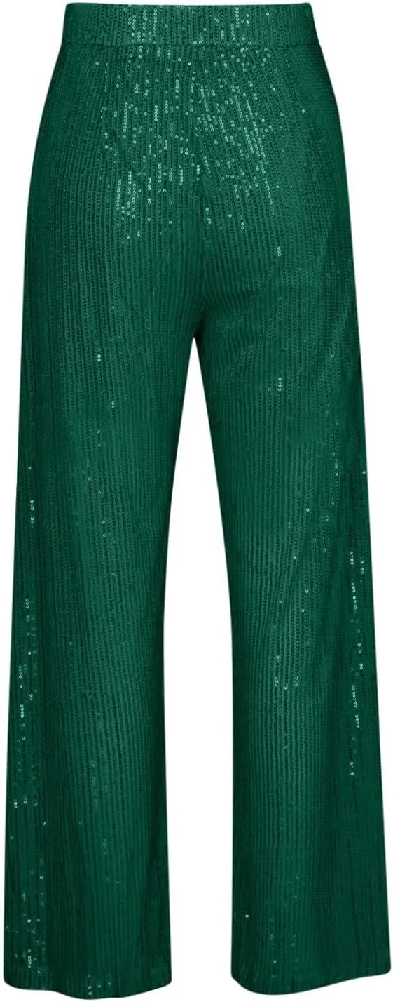 JOAU Women's 2024 Fashion High Waist Wide Leg Sparkle Sequin Bling Glitter Pants Casual Loose Shiny Pants Palazzo Trousers