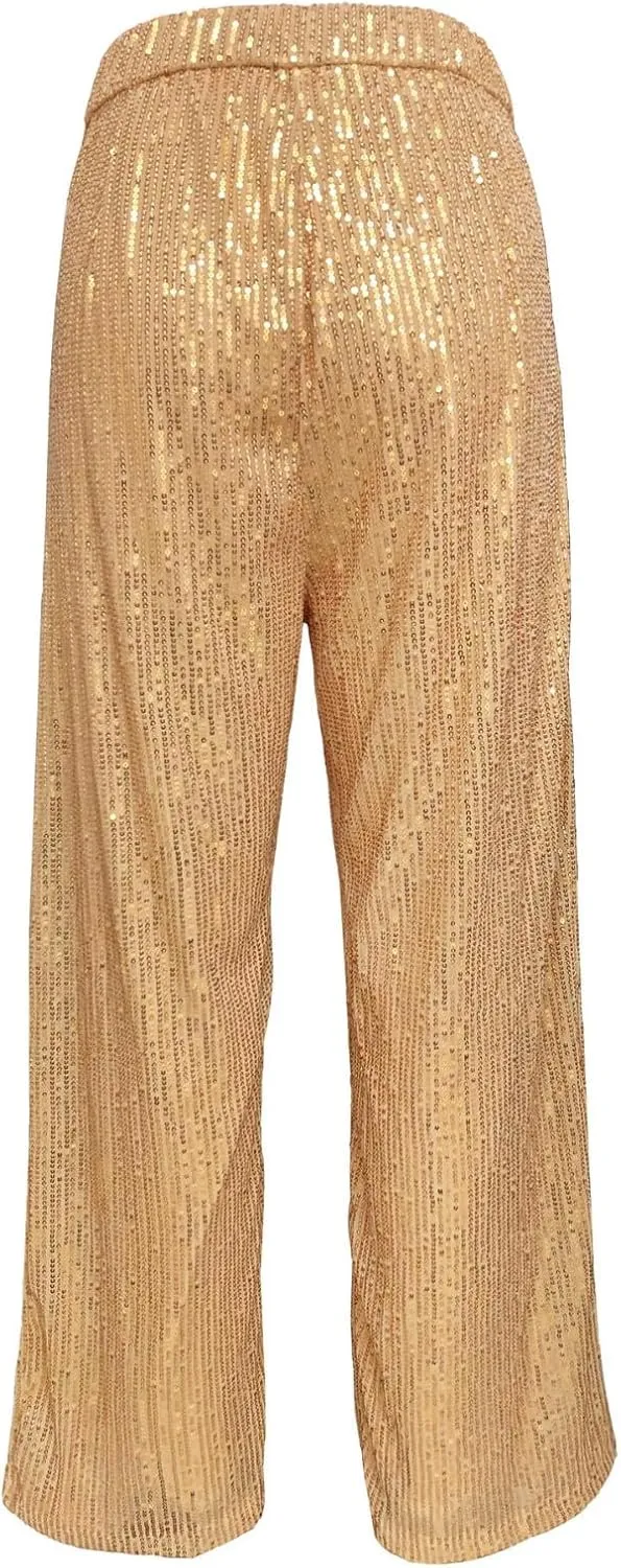 JOAU Women's 2024 Fashion High Waist Wide Leg Sparkle Sequin Bling Glitter Pants Casual Loose Shiny Pants Palazzo Trousers
