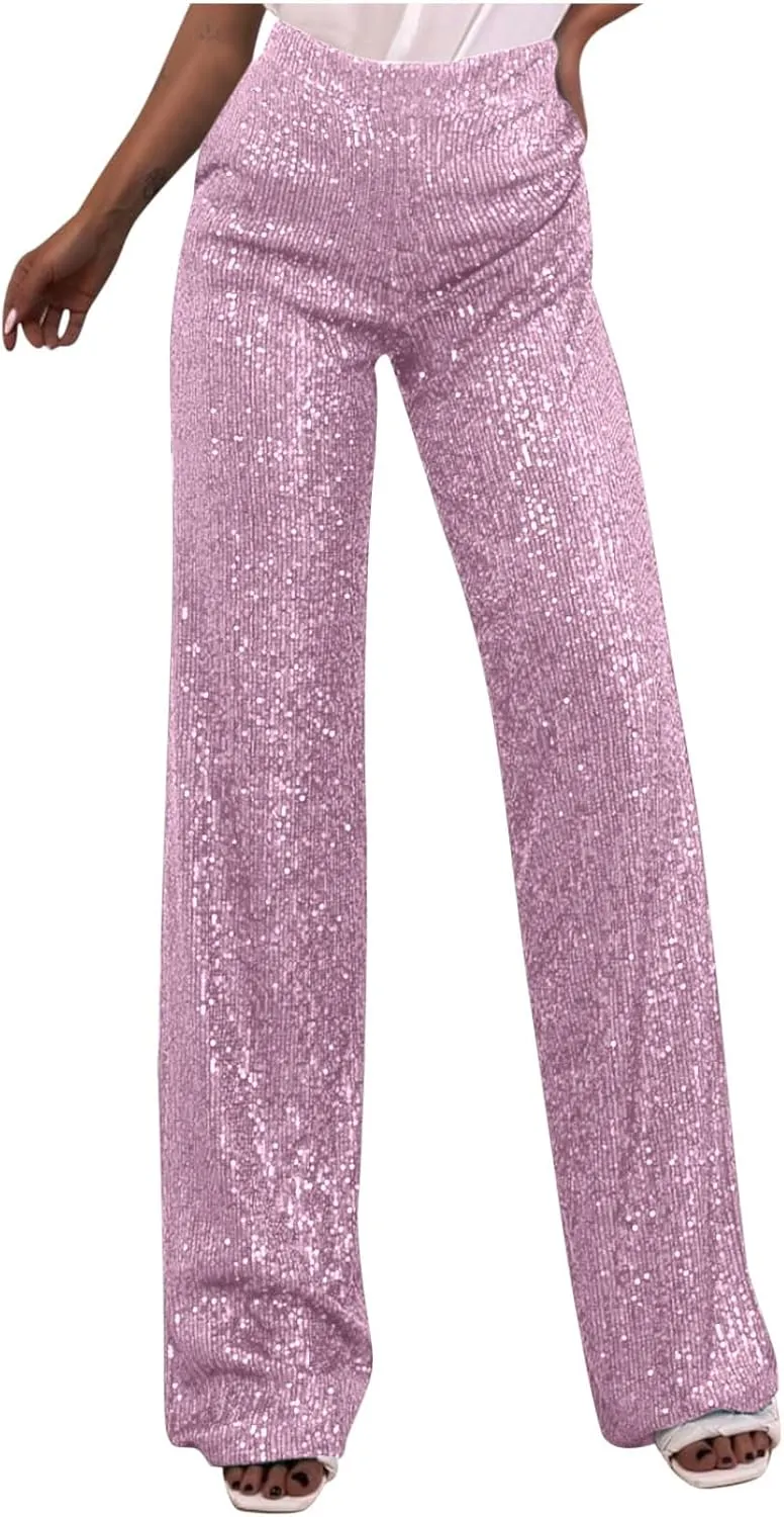 JOAU Women's 2024 Fashion High Waist Wide Leg Sparkle Sequin Bling Glitter Pants Casual Loose Shiny Pants Palazzo Trousers