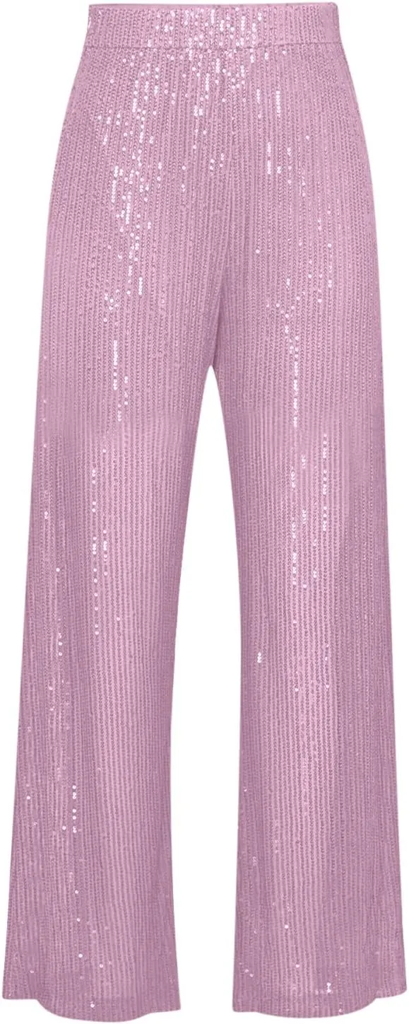 JOAU Women's 2024 Fashion High Waist Wide Leg Sparkle Sequin Bling Glitter Pants Casual Loose Shiny Pants Palazzo Trousers