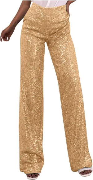 JOAU Women's 2024 Fashion High Waist Wide Leg Sparkle Sequin Bling Glitter Pants Casual Loose Shiny Pants Palazzo Trousers