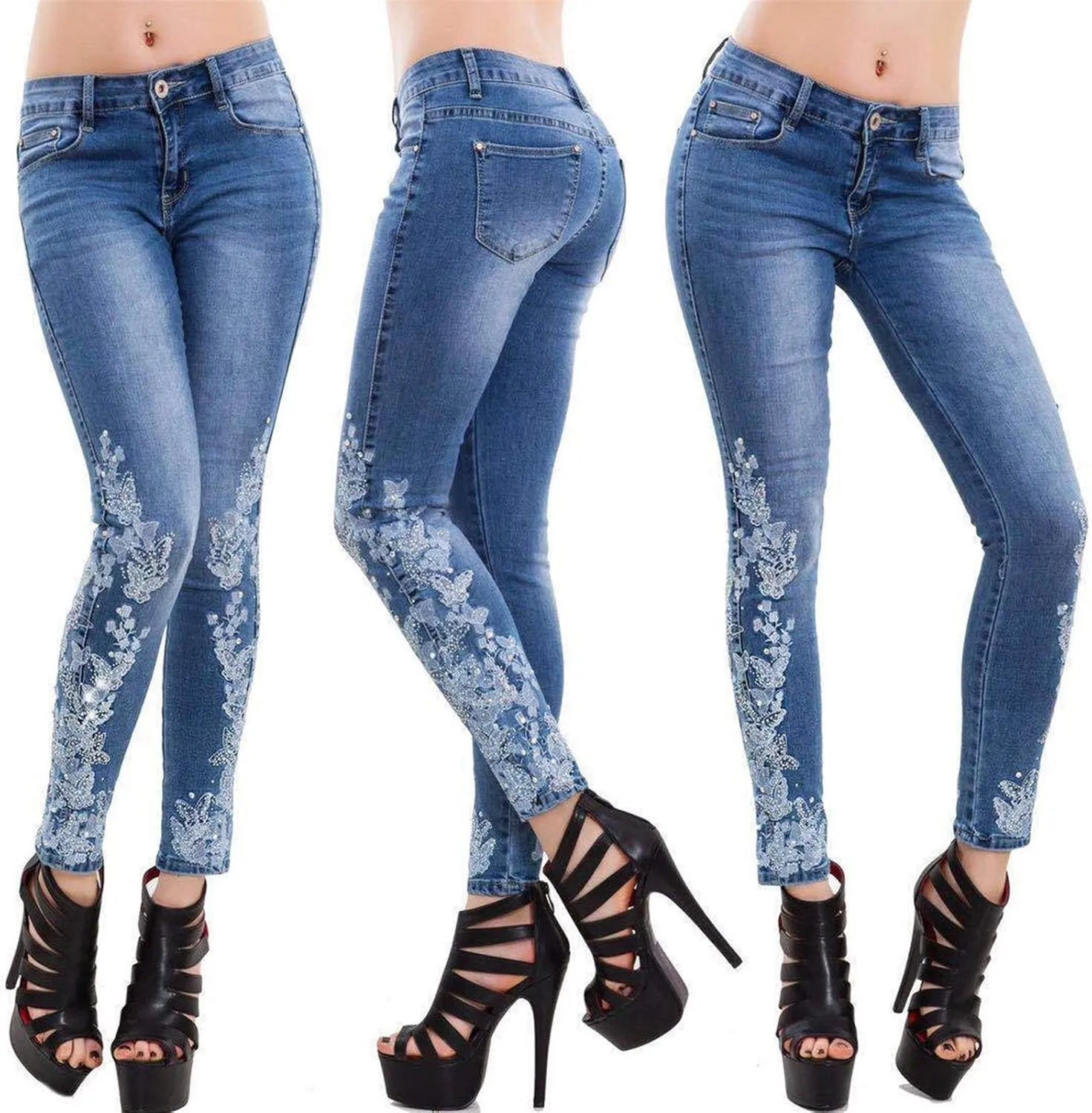 JUNMIN High Waist Embroidered Denim Trousers Ladies Slim Slimming Feet Trousers (Color : Light Blue, Size : Small)