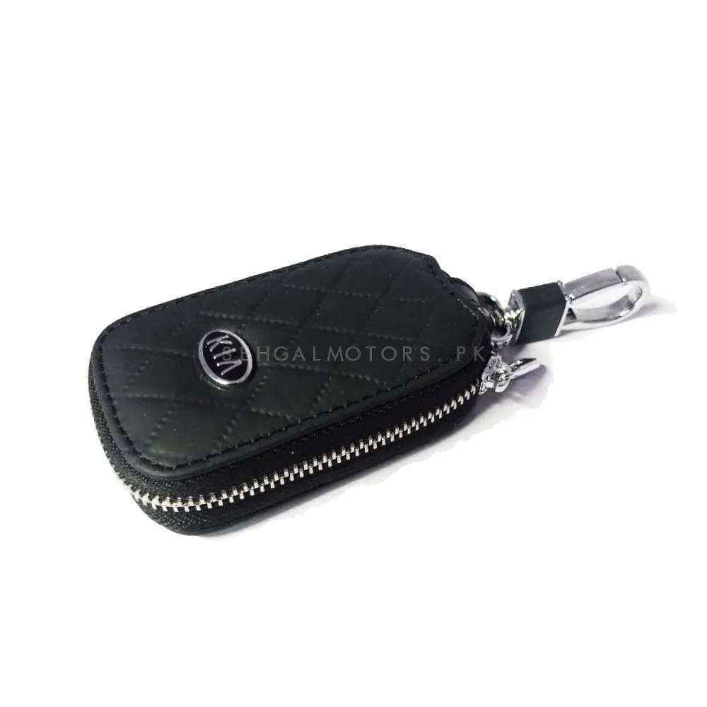 KIA Zipper 7D Style Key Cover Pouch Black With Keychain Ring