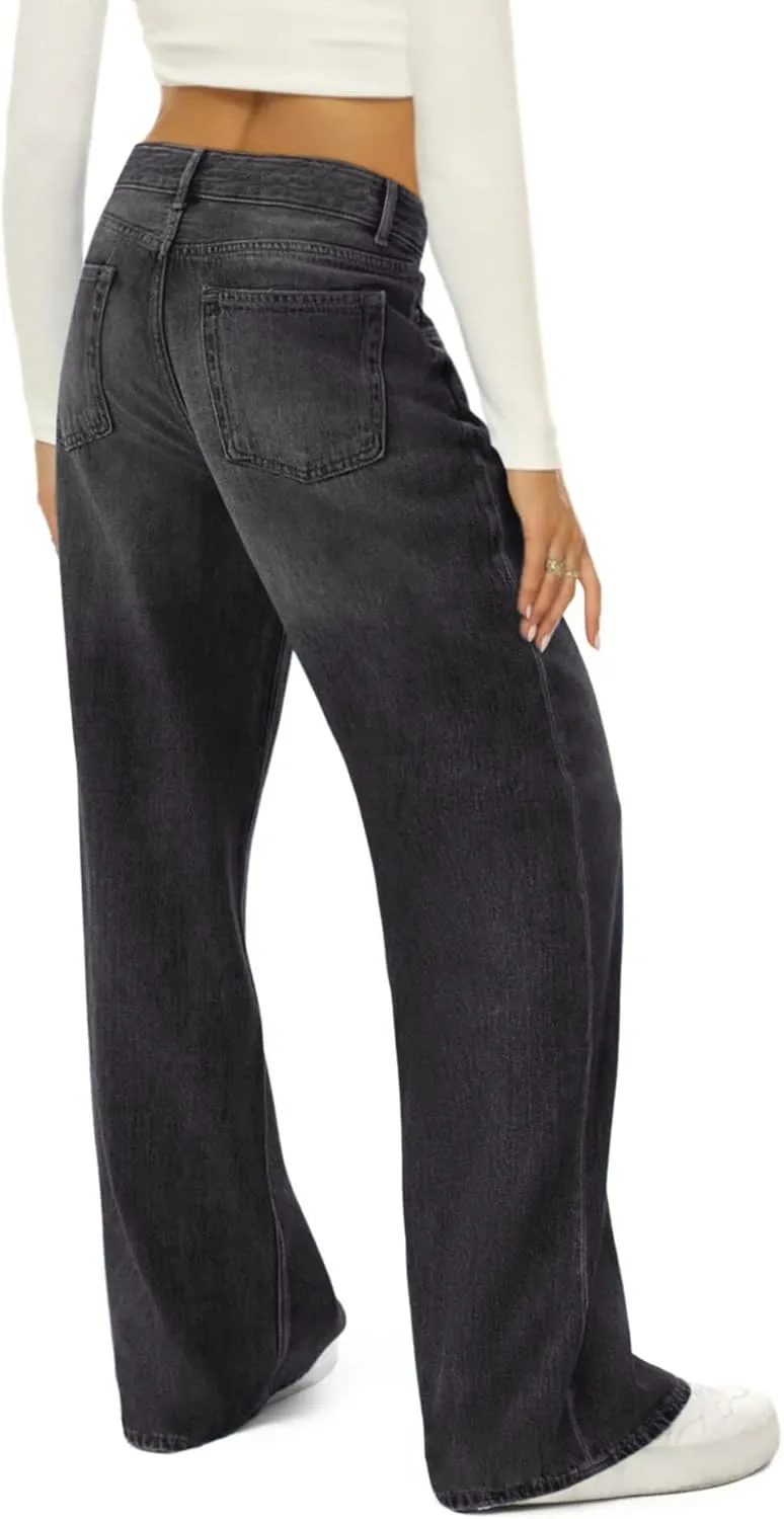 Kubbon Womens Wide Leg Jeans Baggy High Waist Straight Leg Denim Pants Casual Loose Fit Stretchy Trousers with Pockets