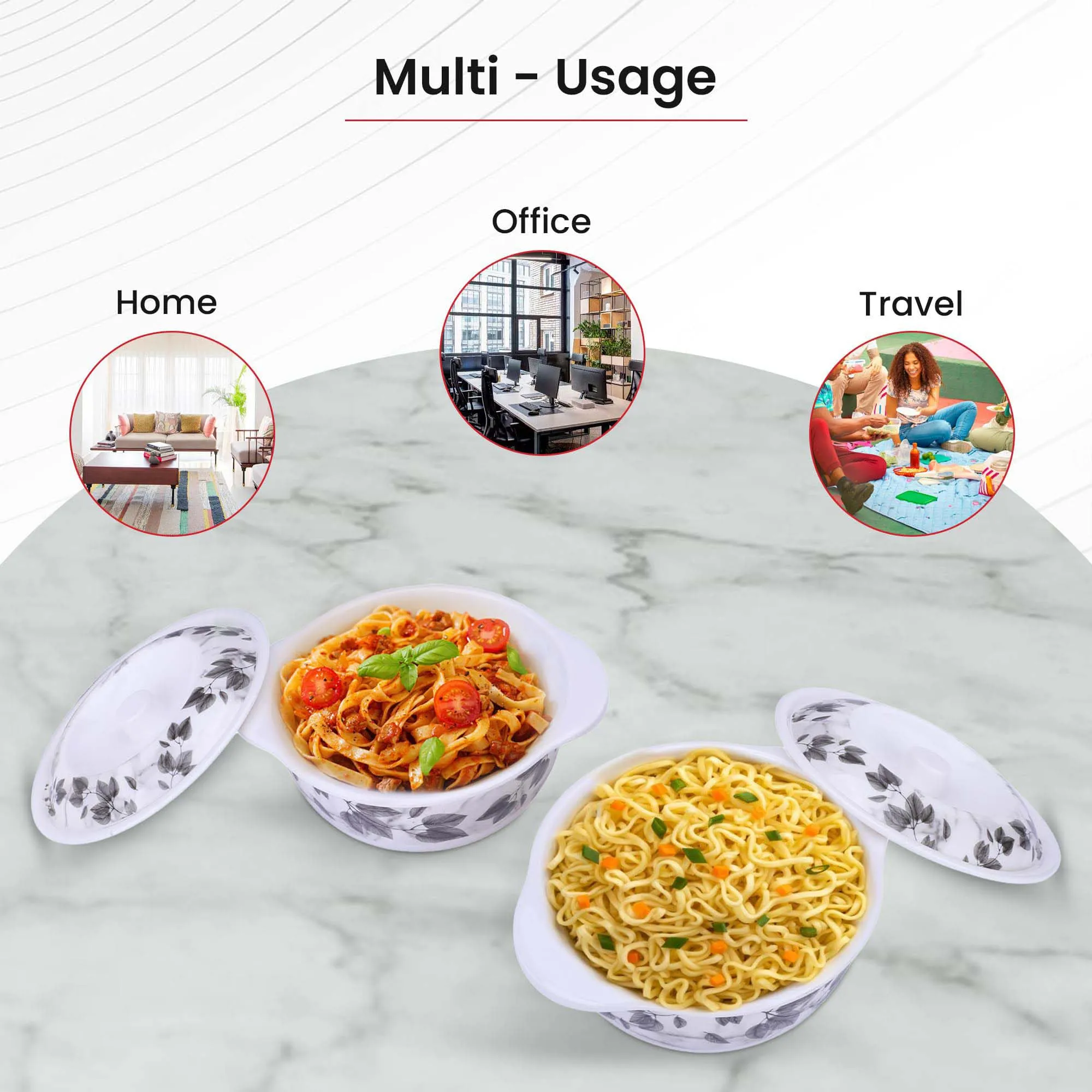 Kuber Industries Microwave Safe & BPA Free Melamine Serving Bowls with Lids Set of 2 | Heat Resistant & Unbreakable Rice Bowl for Serving, Mixing Bowls for Kitchen | Black Marble Flower