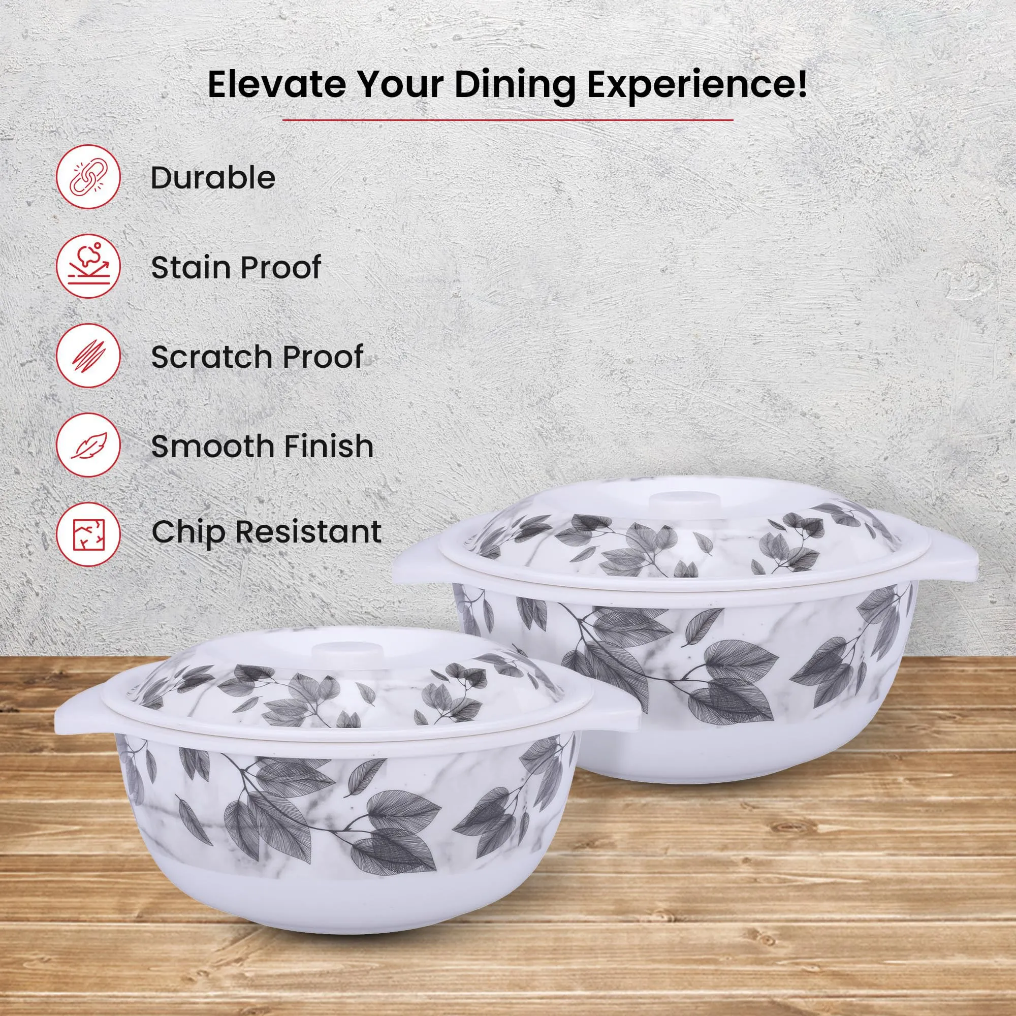 Kuber Industries Microwave Safe & BPA Free Melamine Serving Bowls with Lids Set of 2 | Heat Resistant & Unbreakable Rice Bowl for Serving, Mixing Bowls for Kitchen | Black Marble Flower