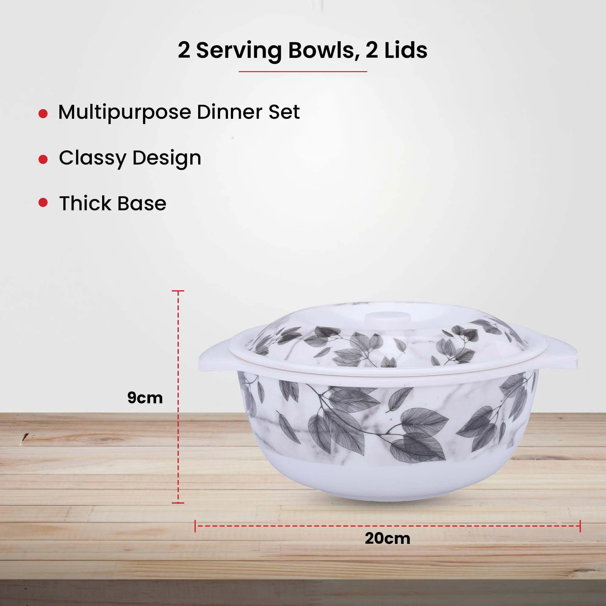 Kuber Industries Microwave Safe & BPA Free Melamine Serving Bowls with Lids Set of 2 | Heat Resistant & Unbreakable Rice Bowl for Serving, Mixing Bowls for Kitchen | Black Marble Flower