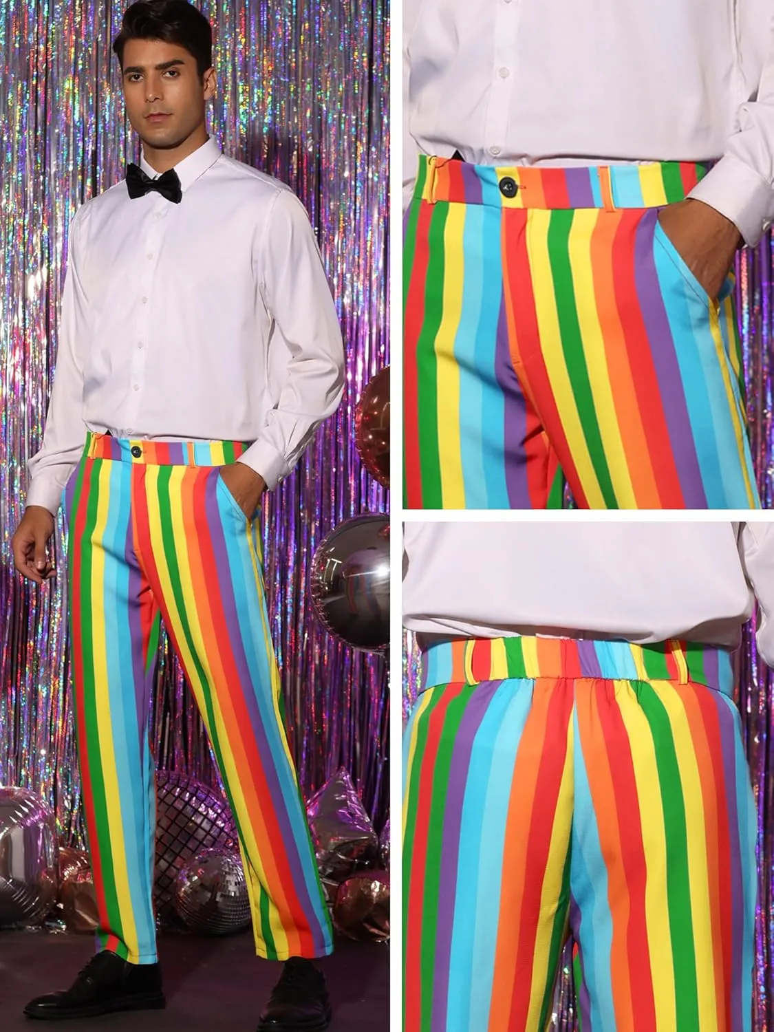 Lars Amadeus Rainbow Pants for Men's Regular Fit Flat Front Color Block Stripe Dress Trousers