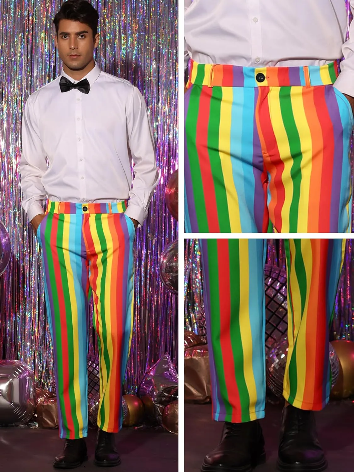 Lars Amadeus Rainbow Pants for Men's Regular Fit Flat Front Color Block Stripe Dress Trousers