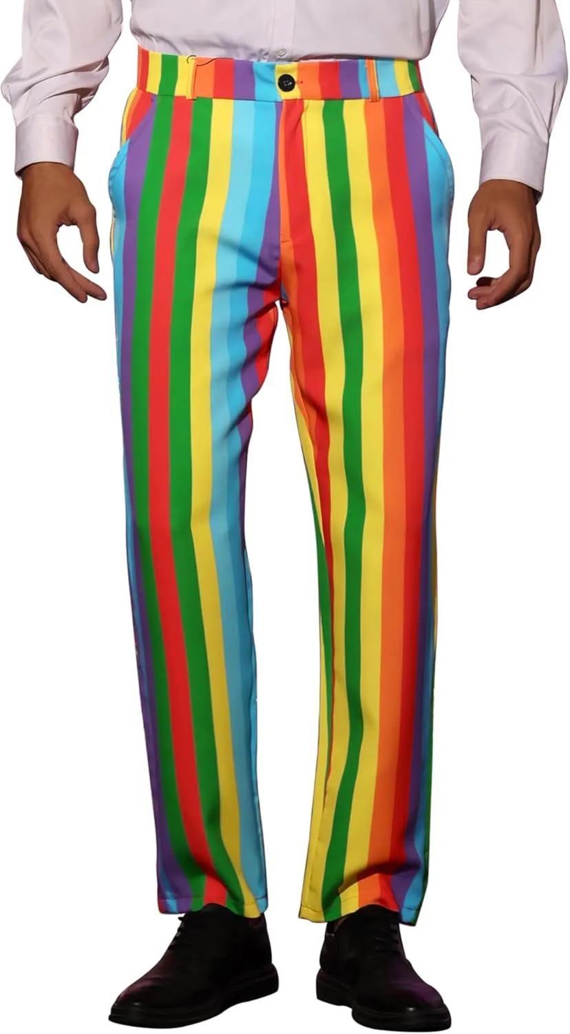 Lars Amadeus Rainbow Pants for Men's Regular Fit Flat Front Color Block Stripe Dress Trousers