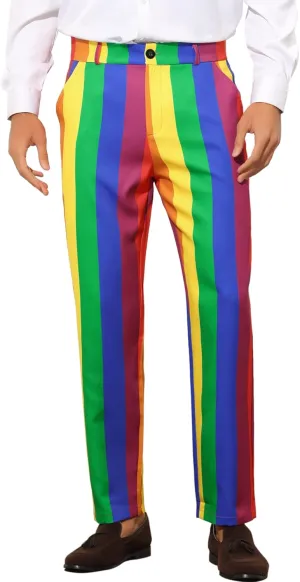 Lars Amadeus Rainbow Pants for Men's Regular Fit Flat Front Color Block Stripe Dress Trousers