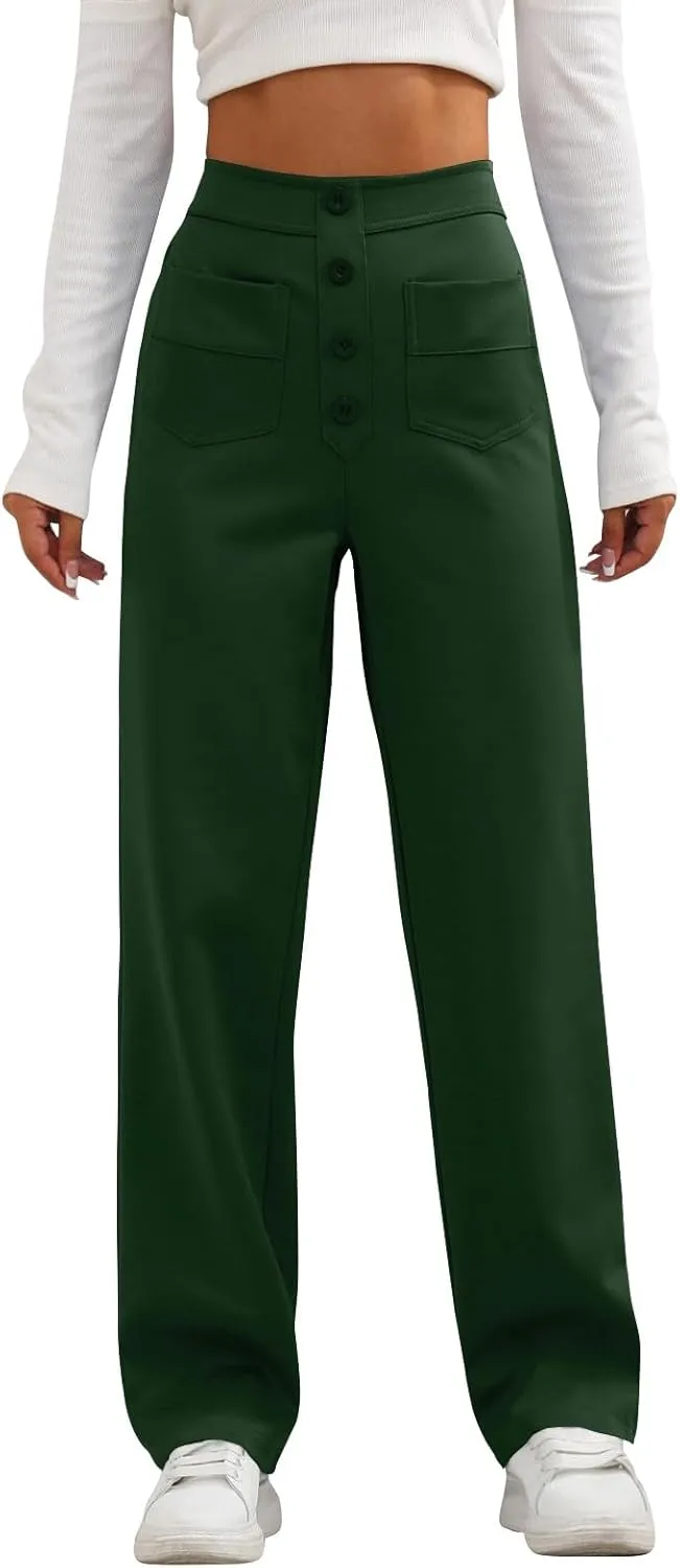 lcyhony Wide Leg Dress Pants for Women High Waisted Buttons Business Casual Pants Y2k Baggy Comfy Trousers Pants with Pockets