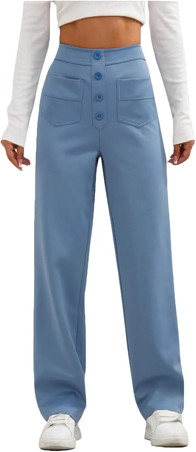 lcyhony Wide Leg Dress Pants for Women High Waisted Buttons Business Casual Pants Y2k Baggy Comfy Trousers Pants with Pockets
