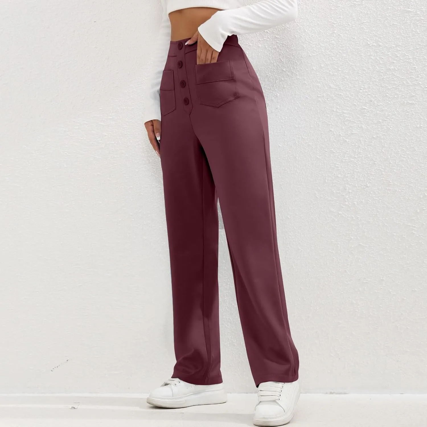 lcyhony Wide Leg Dress Pants for Women High Waisted Buttons Business Casual Pants Y2k Baggy Comfy Trousers Pants with Pockets