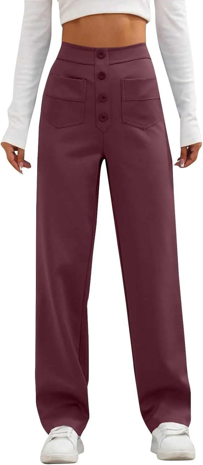 lcyhony Wide Leg Dress Pants for Women High Waisted Buttons Business Casual Pants Y2k Baggy Comfy Trousers Pants with Pockets