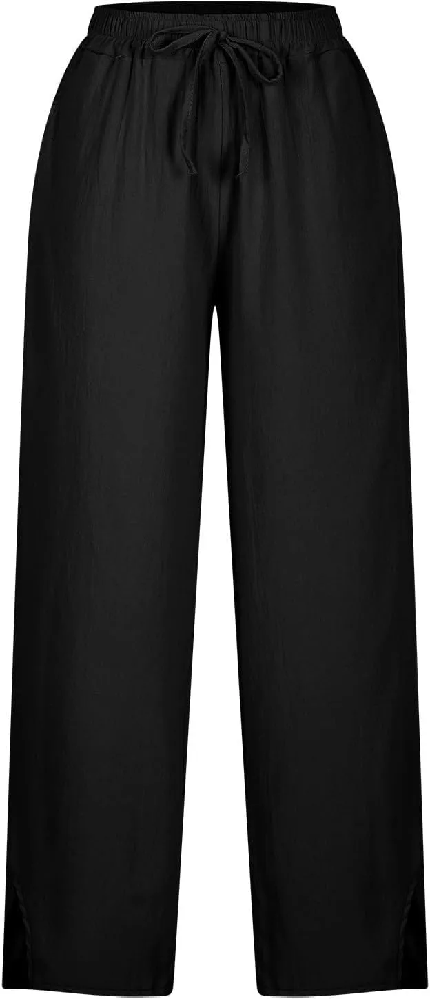 Linen Pants Women High Waist Elastic Straight Leg Lounge Pant 2025 Summer Casual Loose Lightweight Beach Trousers