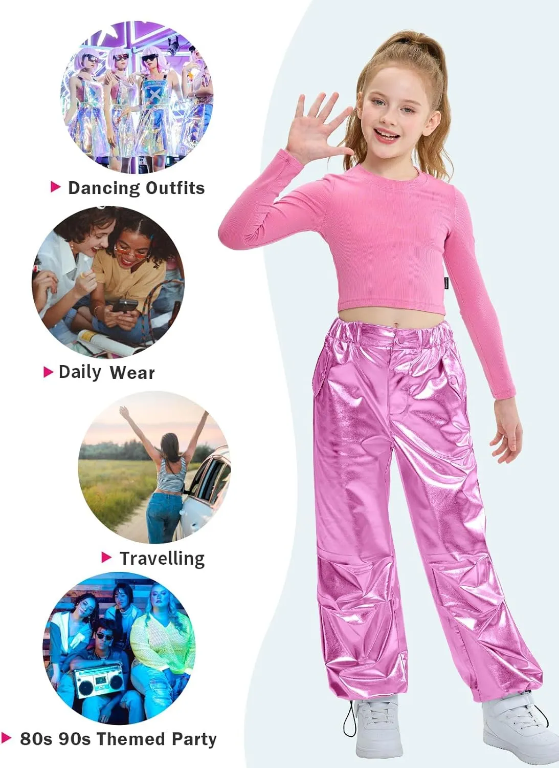 LOLANTA Girls Metallic Jogger Pants, Shiny Jazz Street Hip Hop Dance Pants 7-16, Convertible Leg Opening