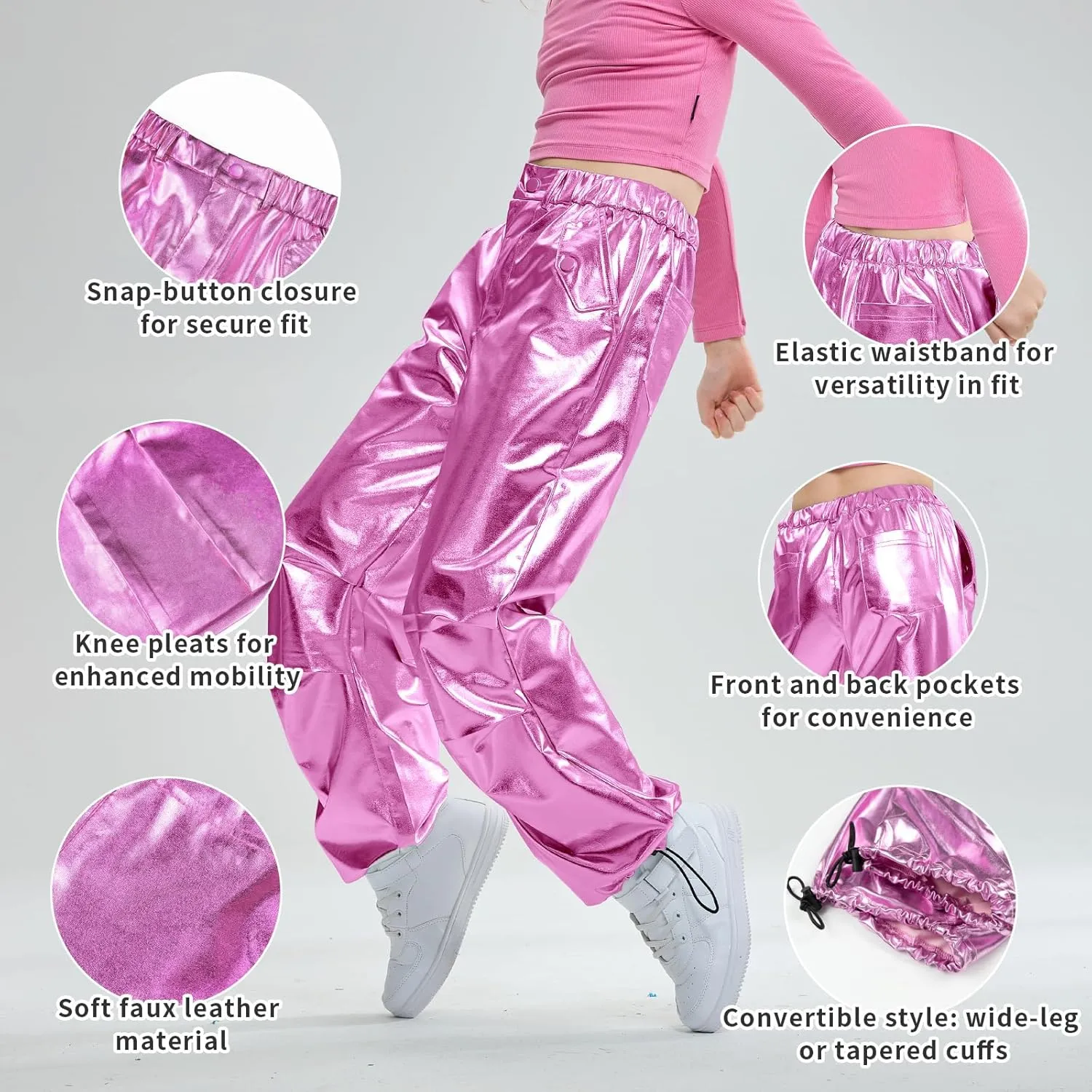 LOLANTA Girls Metallic Jogger Pants, Shiny Jazz Street Hip Hop Dance Pants 7-16, Convertible Leg Opening