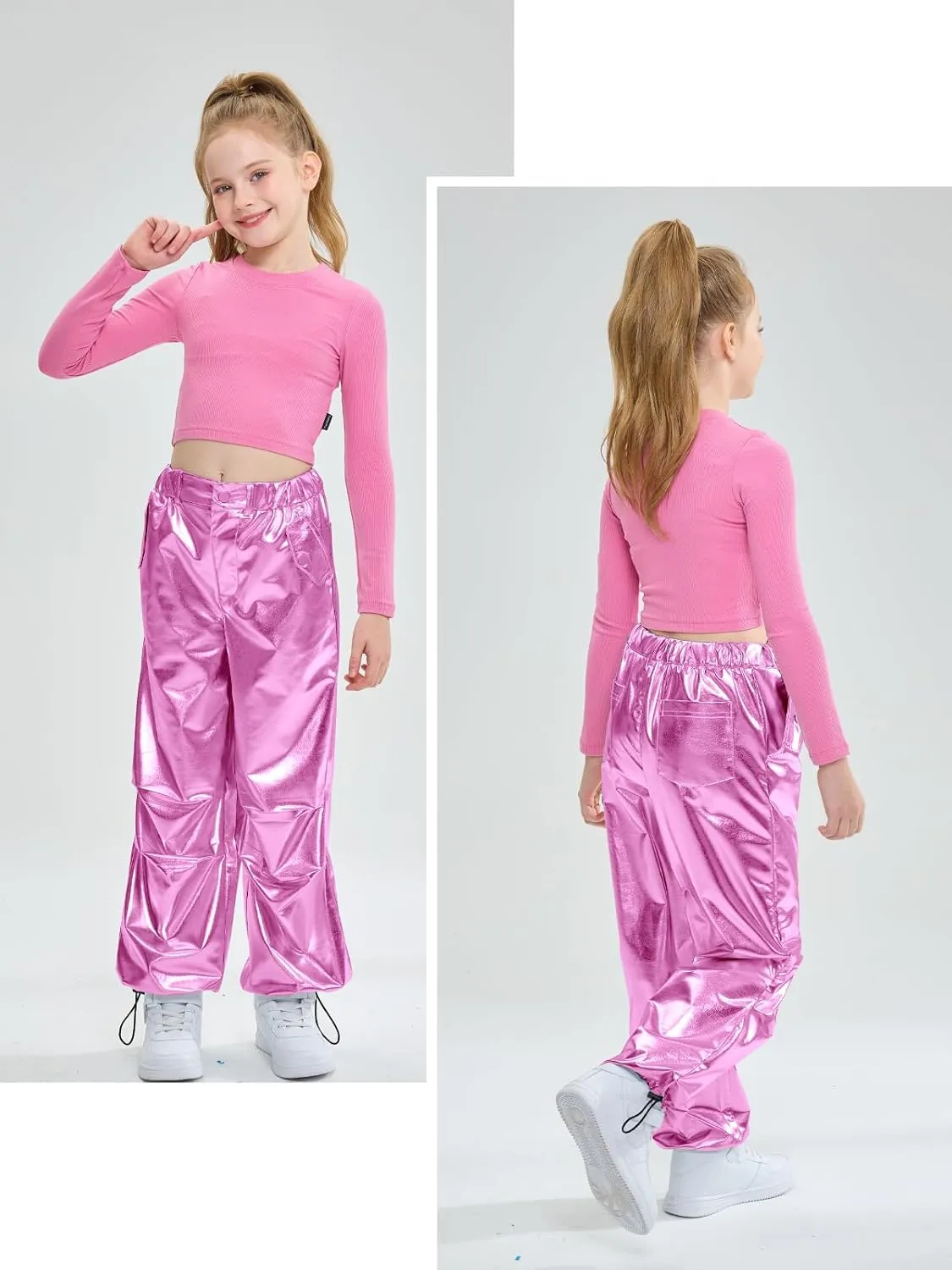 LOLANTA Girls Metallic Jogger Pants, Shiny Jazz Street Hip Hop Dance Pants 7-16, Convertible Leg Opening