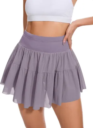 Loovoo Falda para Mujer Ruffle Mini Pleated Skirt Casual Lace Cute Skort Fashion Athletic Short with Pockets (Grey Purple, M)