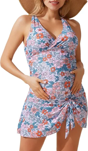 Maacie Maternity Tankini Swimdress Two Piece Swimsuits V Neck Cross-Back Floral Print Ruched Skirt Swimwear